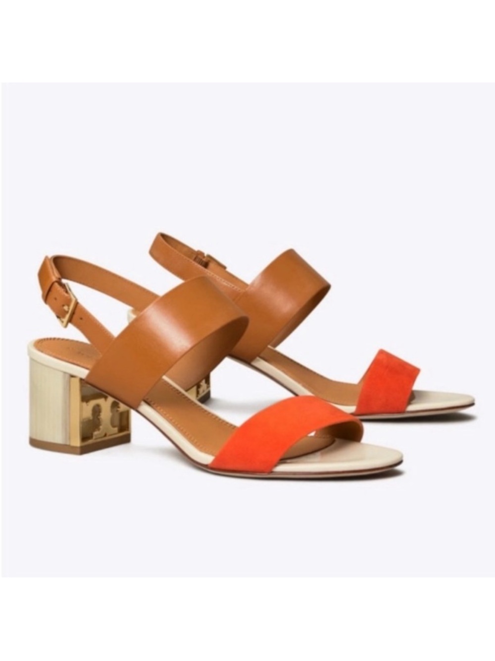 Tory Burch Two-Tone Tan and Orange Block Heel Sandals